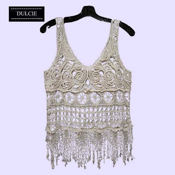 DULCIE NEW Crochet Paisley/Medallion Fringed Hem Overlay Cover-Up Top M - Picture 1 of 12